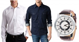 Combo of Koutons Formal White Shirt, Denim Shirt And Leather Analogue Watch For Men